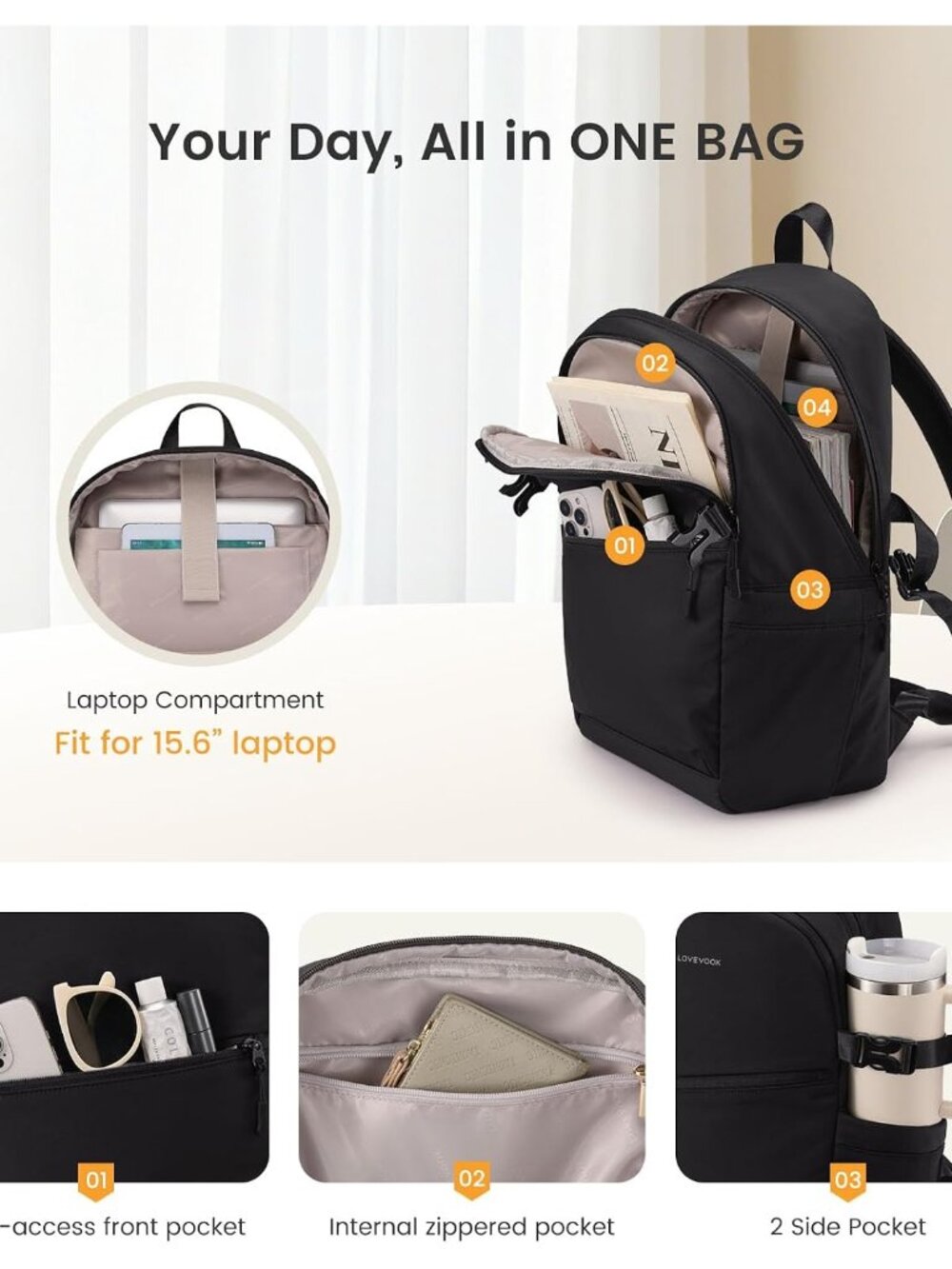 Unisex Casual Backpack, Durable Work College Backpack for Women | Lightweight Wa - Picture 3 of 6